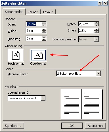 zwei Seiten DIN A5 hoch auf eine Blatt DIN A4 quer drucken